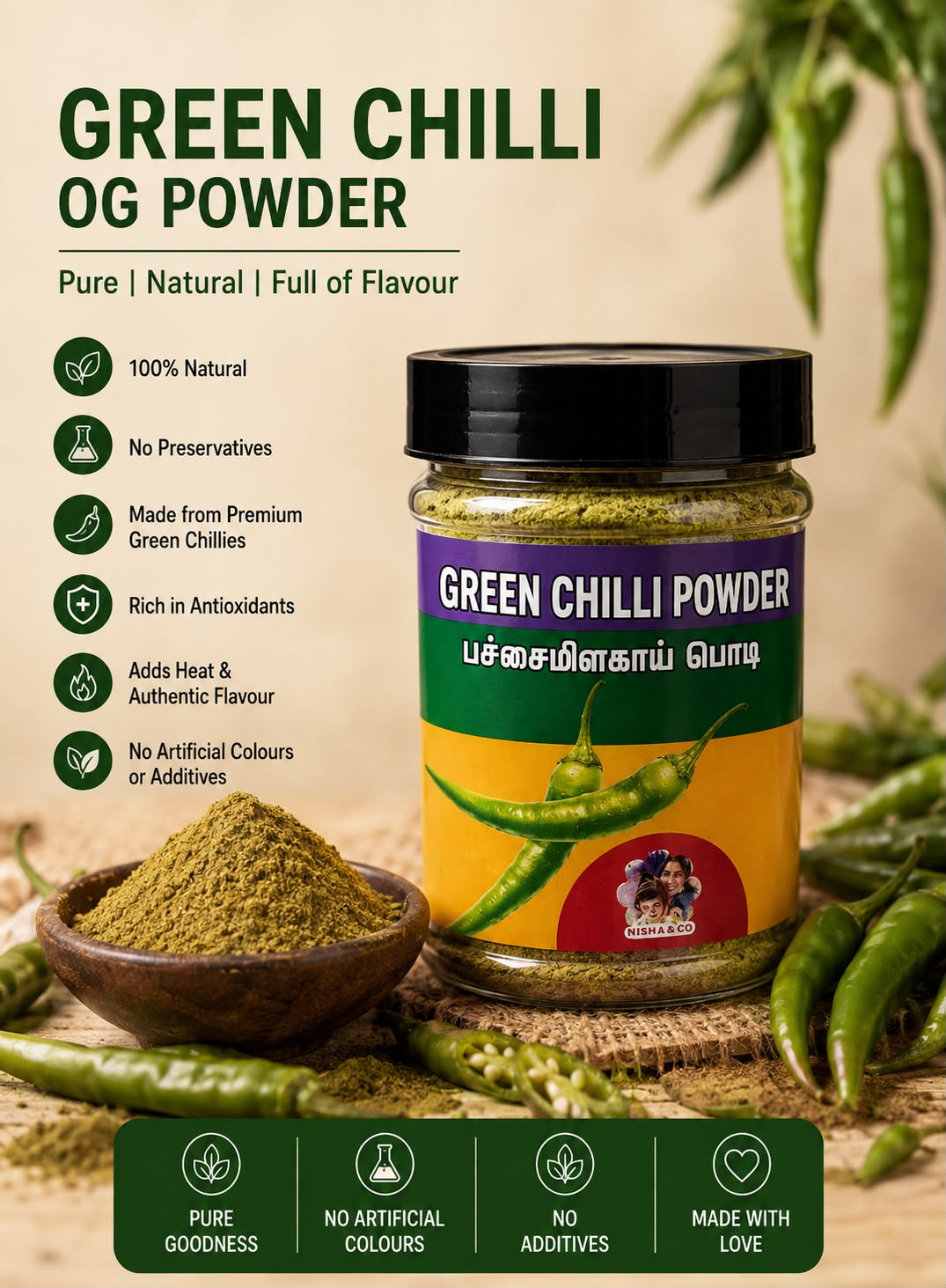 Green Chilli OG Pure Powder | Natural Green Chilli Powder