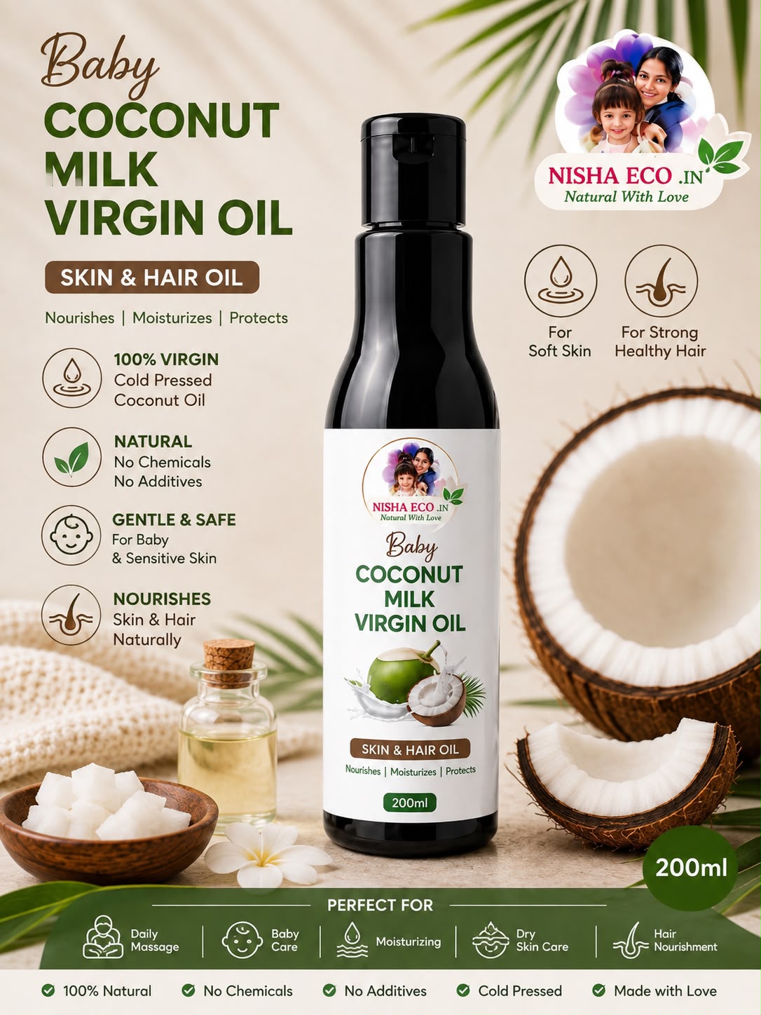 Baby Coconut Milk Virgin oil | 0+ month | Organic & 100% Pure | hair & skin